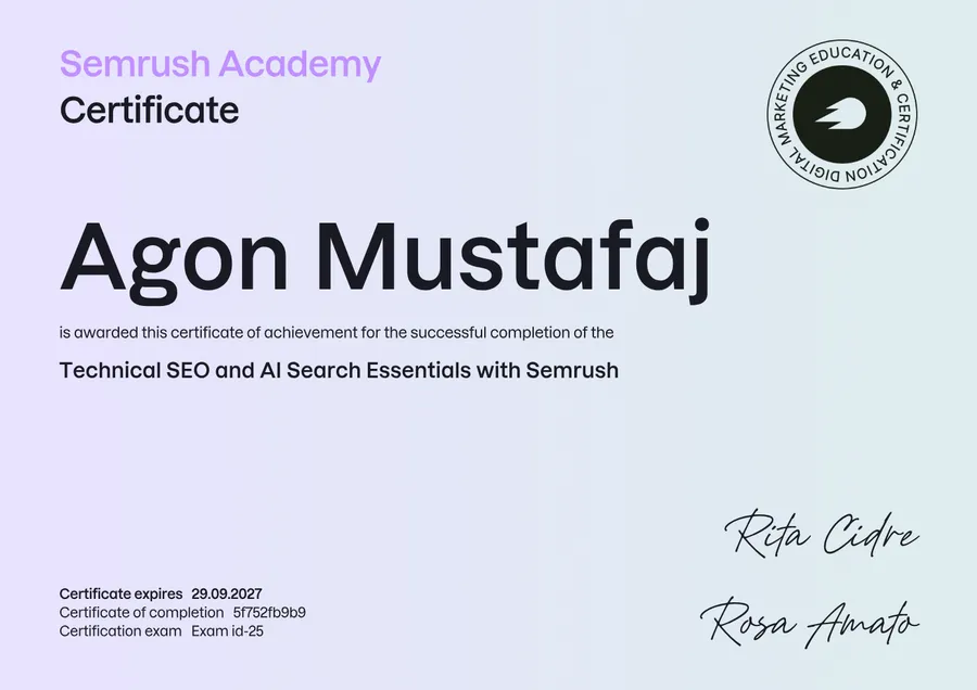Technical SEO and AI Search Essentials with Semrush certificate issued by Semrush