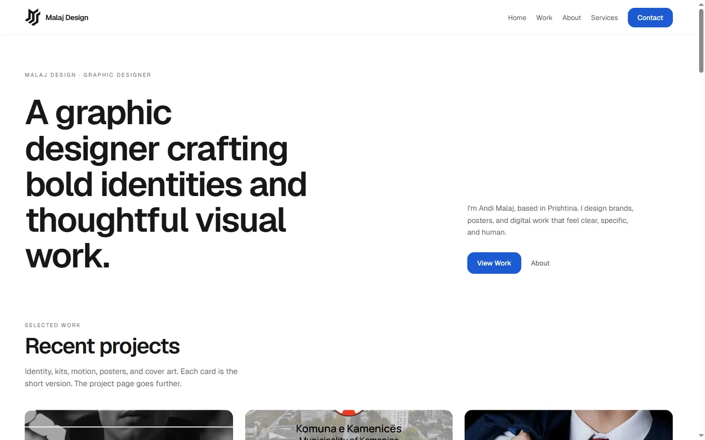 Homepage of Malaj Design showing the headline, introduction and the first recent projects