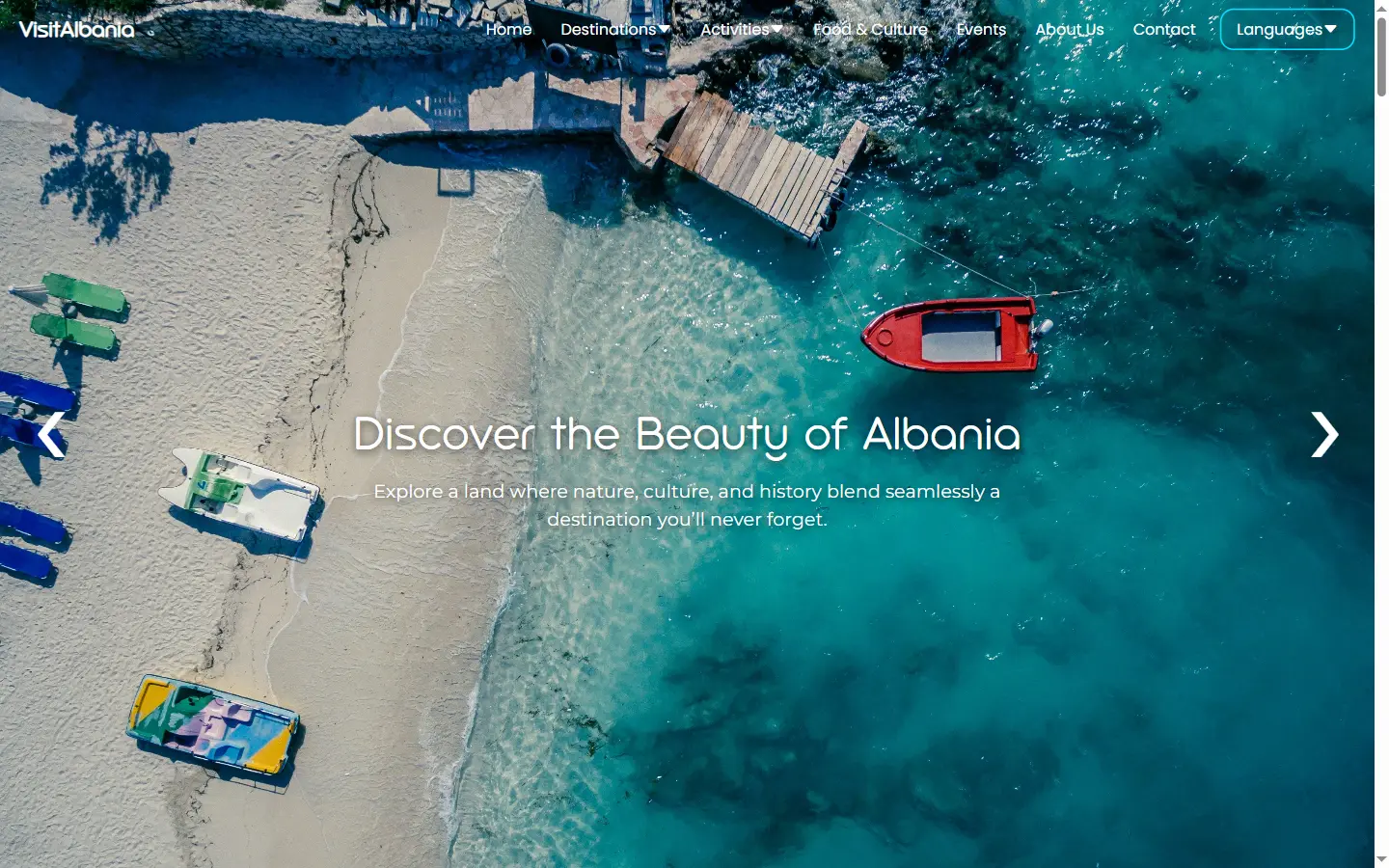 Homepage of VisitAlbania showing the full-screen hero slider and the main navigation